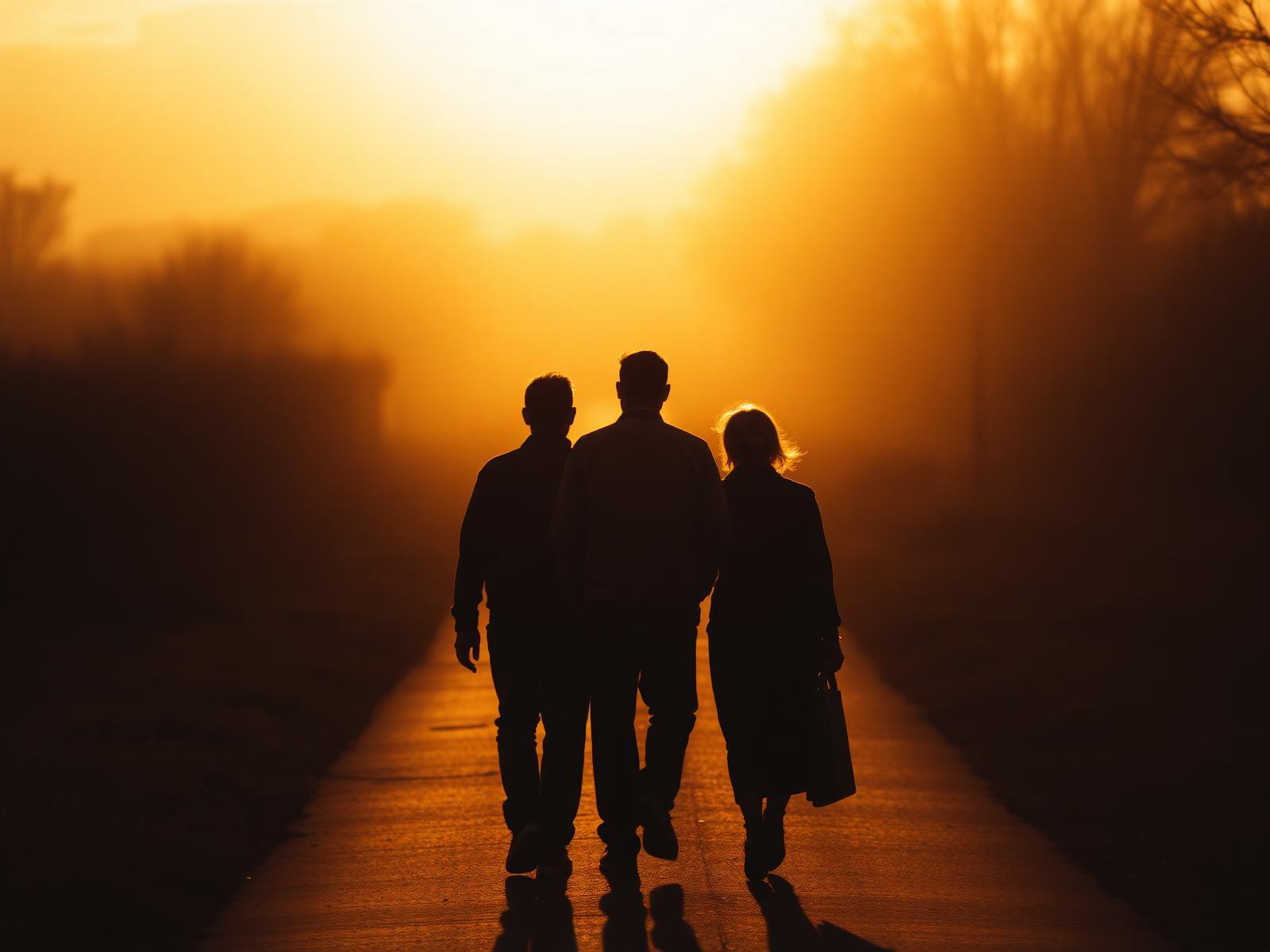 Pessoas caminhando juntas ao entardecer