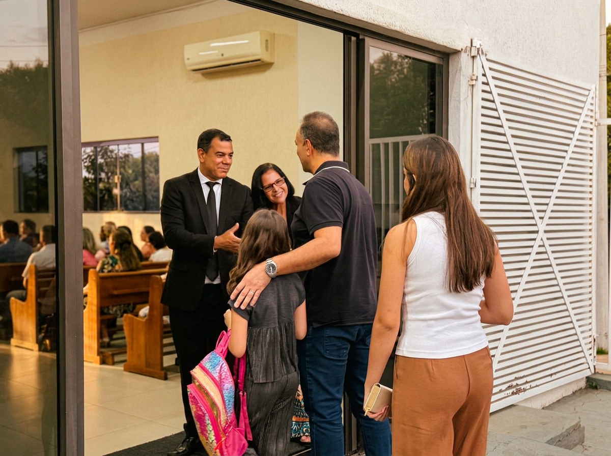 Pastor Ricardo recebendo uma família na entrada da IPR Uberaba