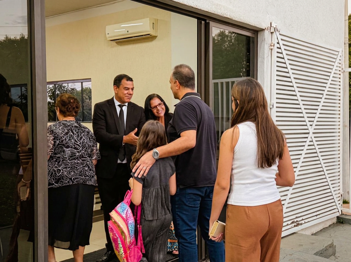 Pastor Ricardo recebendo uma família na entrada da IPR Uberaba